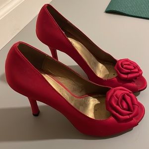 Charles David Red satin rose peep toe pumps